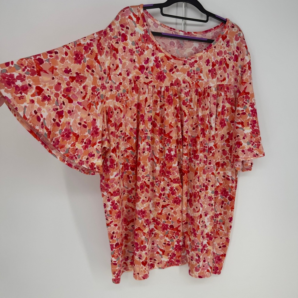 Curvy Lovey Tunic Top Womens 6X Pink Floral Flutter‎ Sleeve Boho Cottagecore